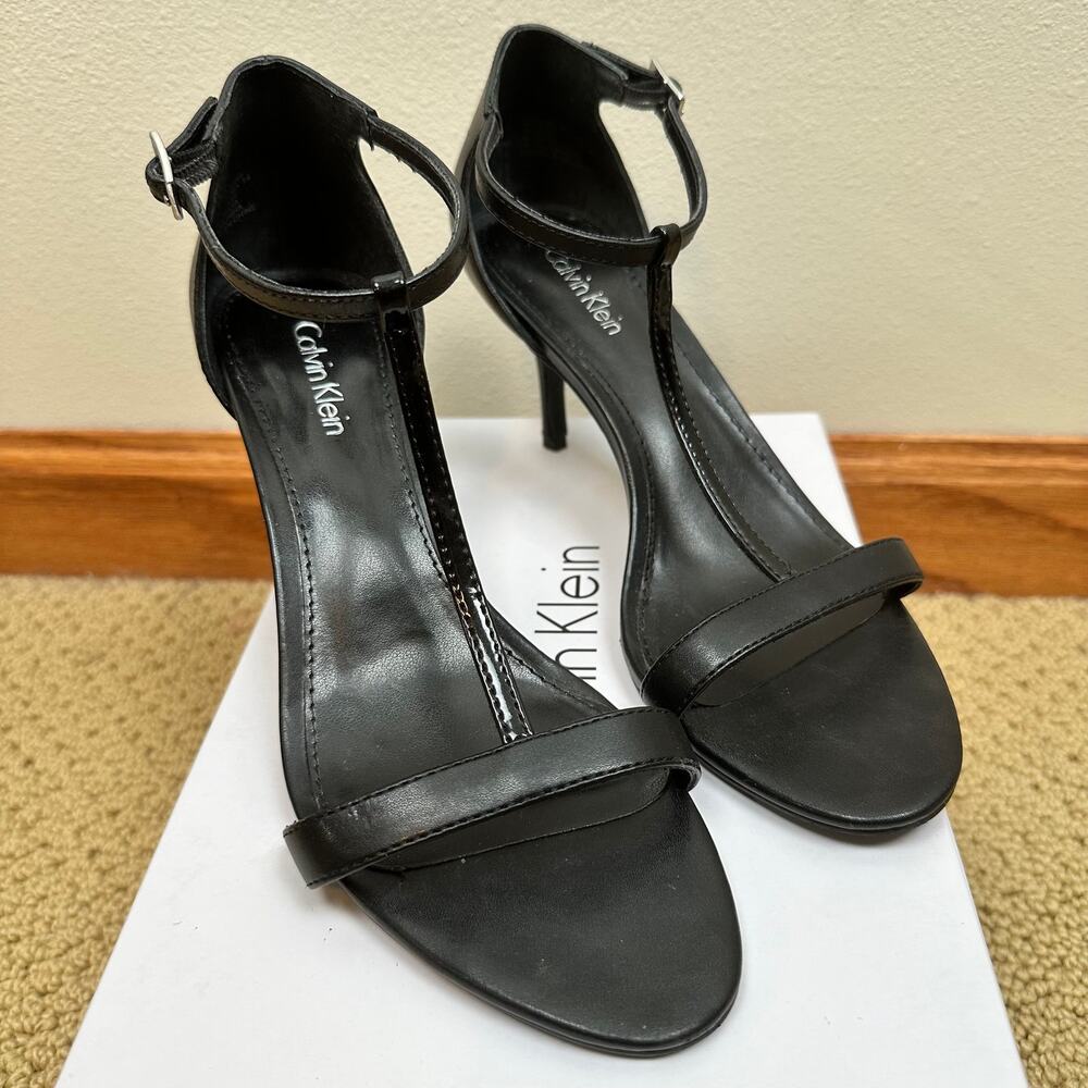 Calvin Klein T-Strap Heeled Sandals Leather Black Women's 7 Event Office Party